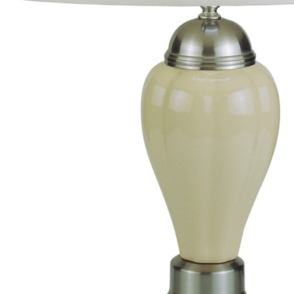 27" Ivory and Silver Ceramic Urn Table Lamp With White Empire Shade