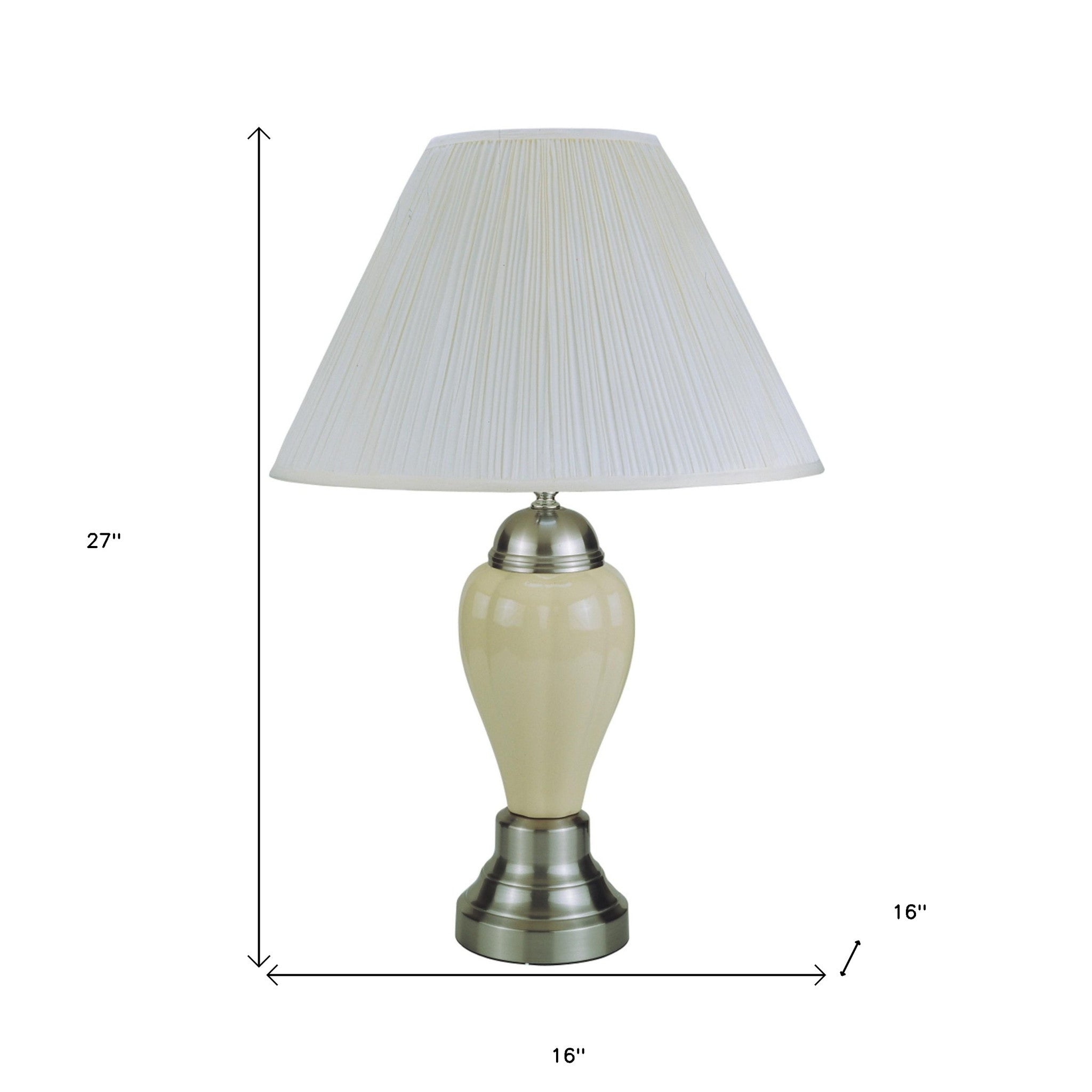 27" Ivory and Silver Ceramic Urn Table Lamp With White Empire Shade