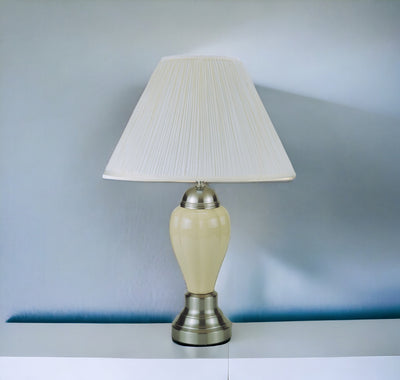 27" Ivory and Silver Ceramic Urn Table Lamp With White Empire Shade 
