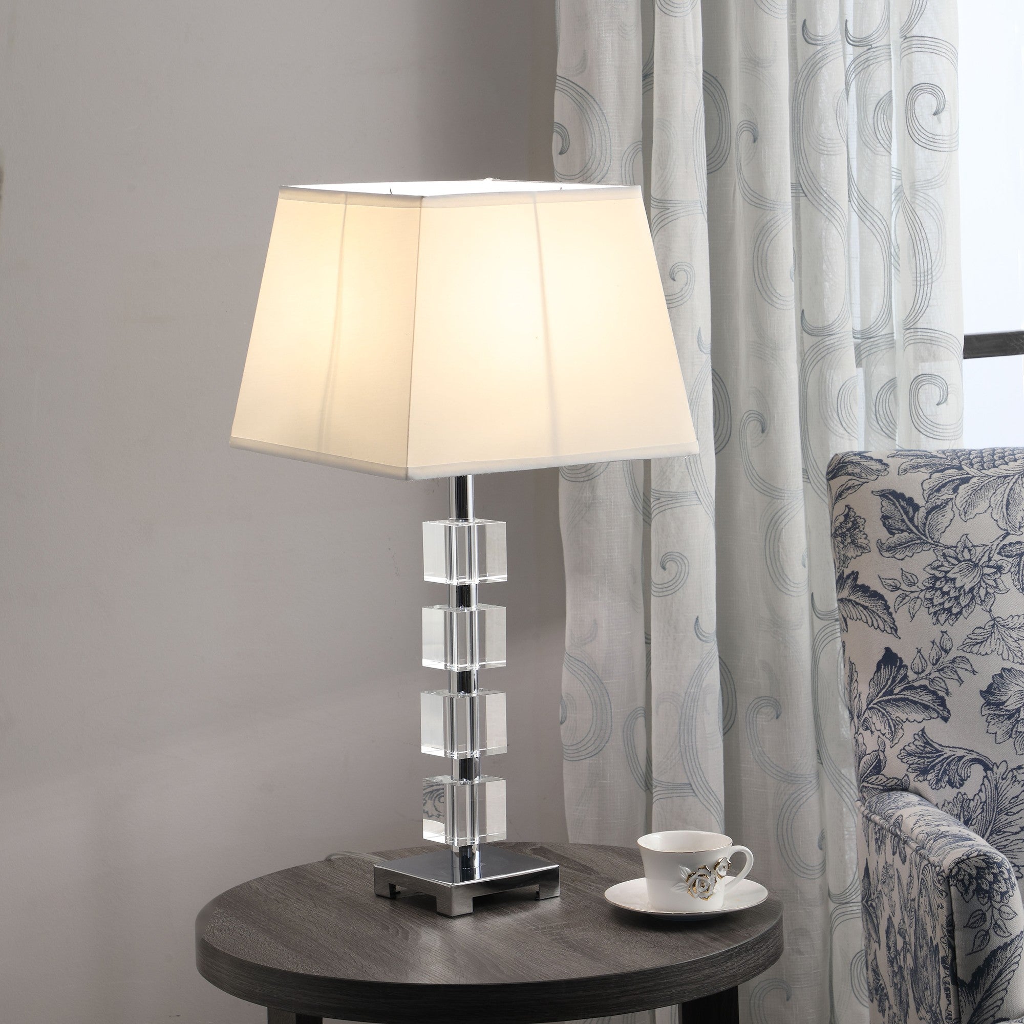 25" Crystal Geo Cubed Table Lamp With White Sharp Corner Square Tapered Shade