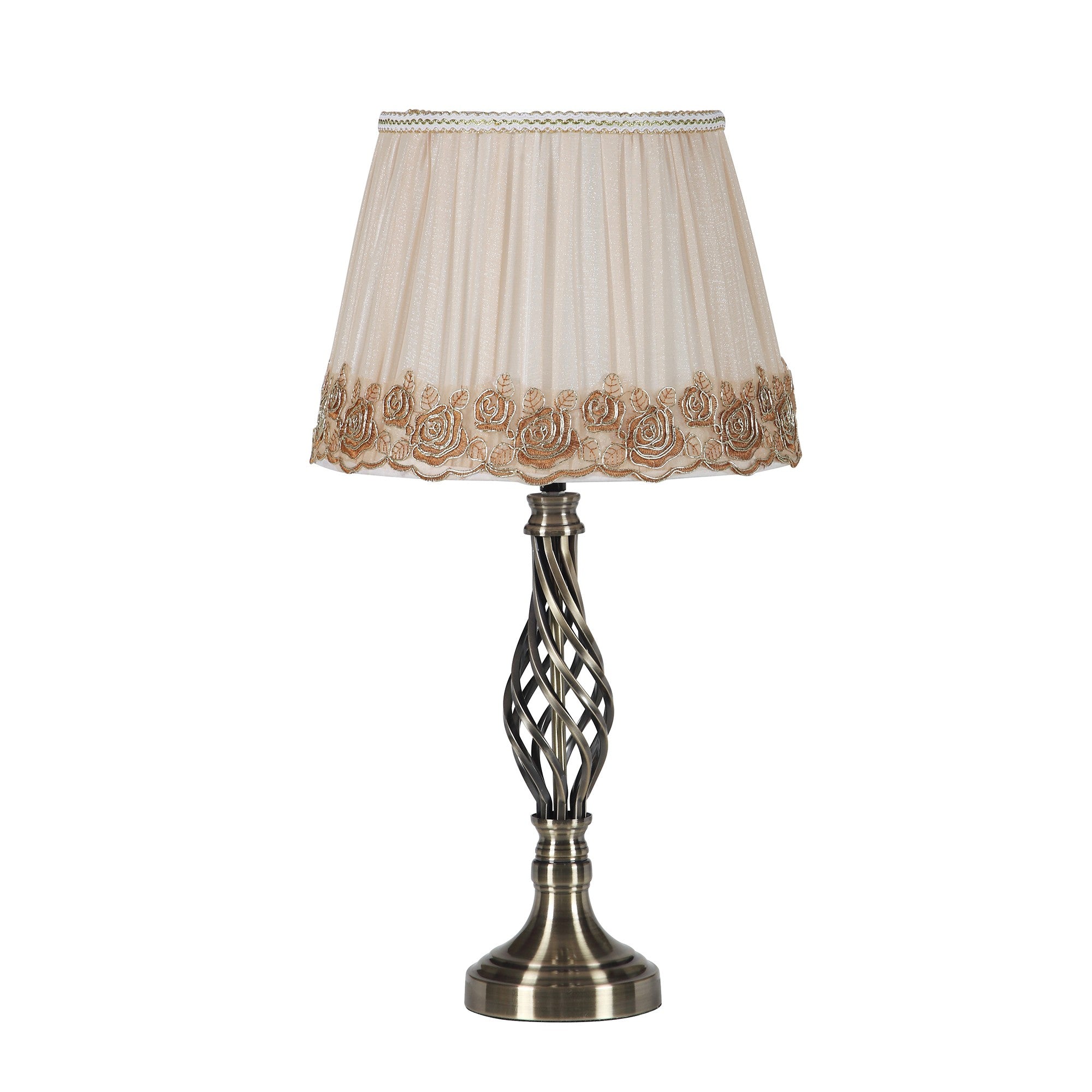 23" Antiqued Brass Metal Table Lamp With White And Brown Classic Empire Shade