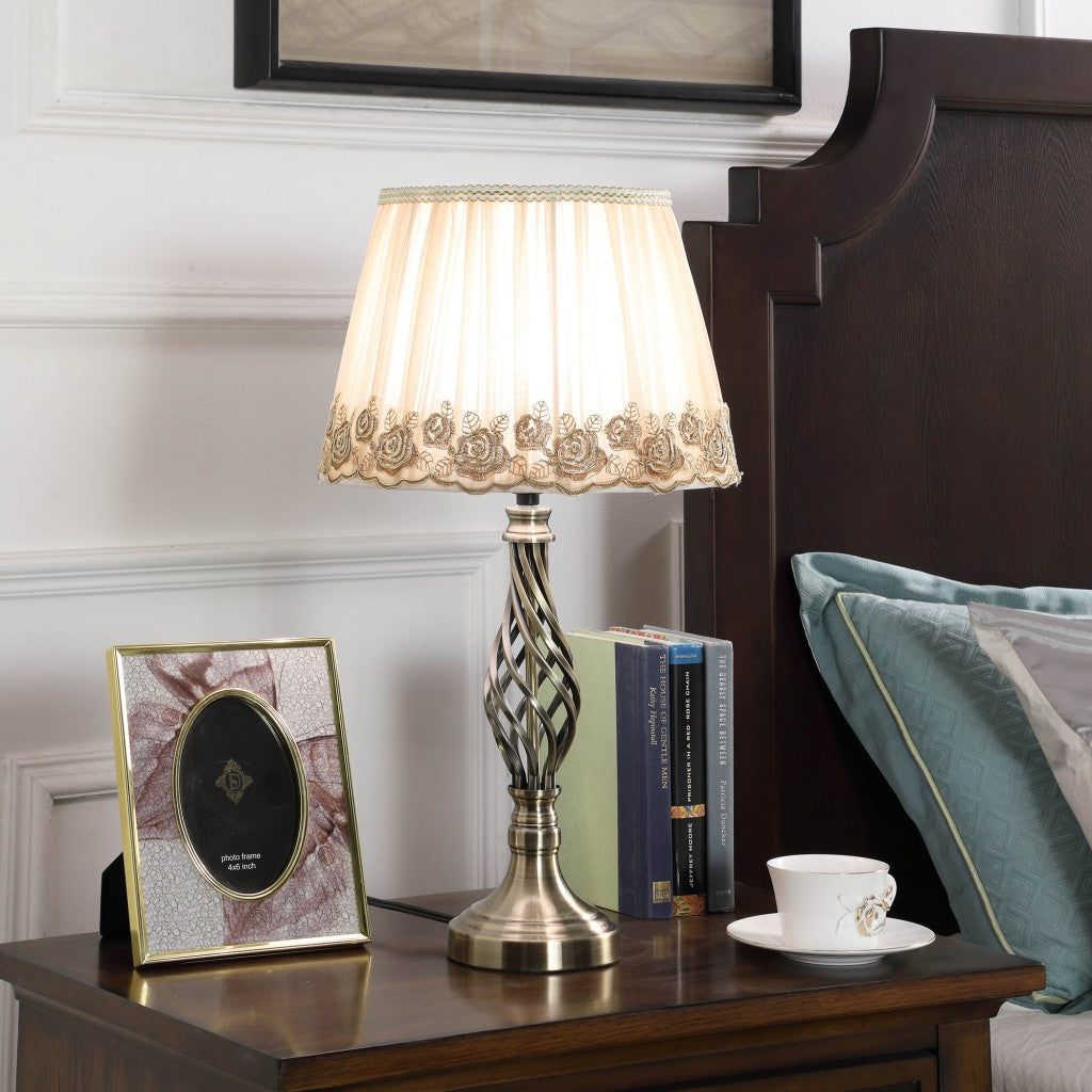 23" Antiqued Brass Metal Table Lamp With White And Brown Classic Empire Shade