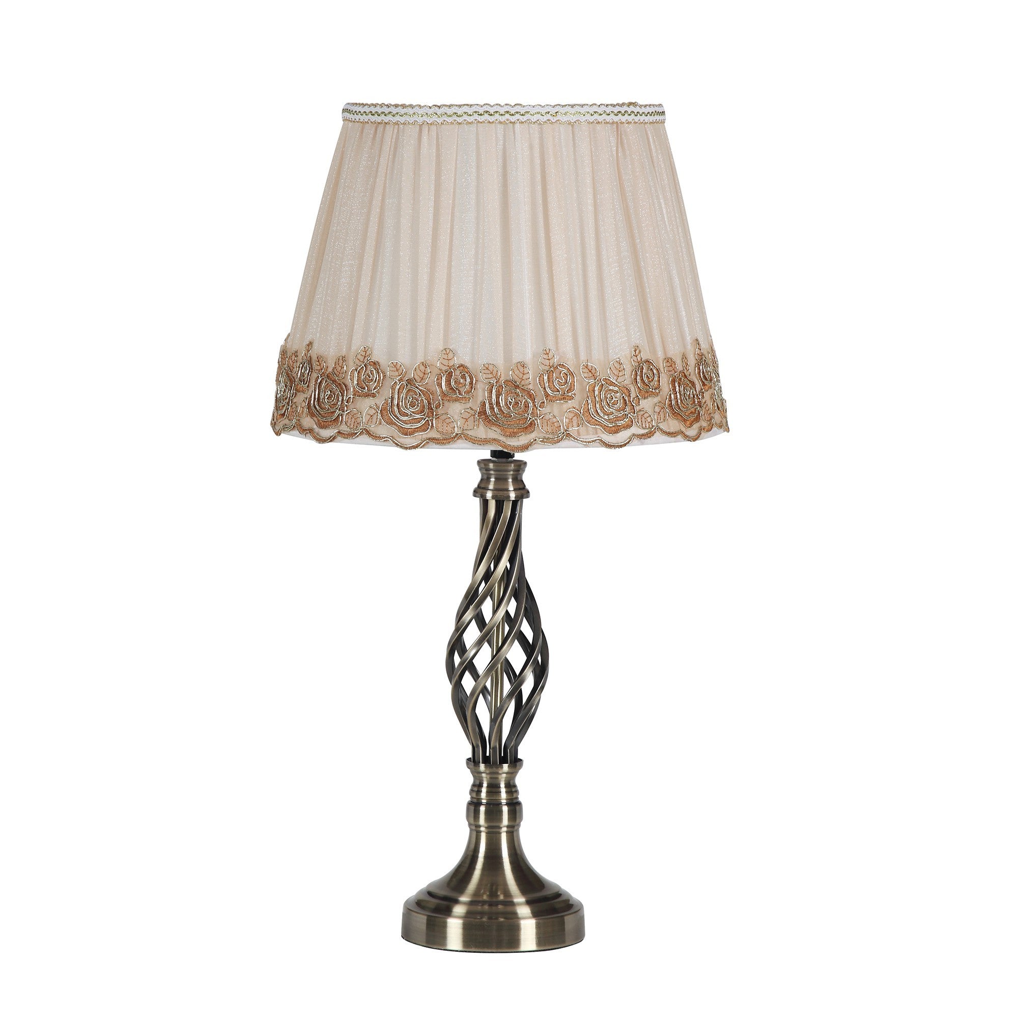 23" Antiqued Brass Metal Table Lamp With White And Brown Classic Empire Shade