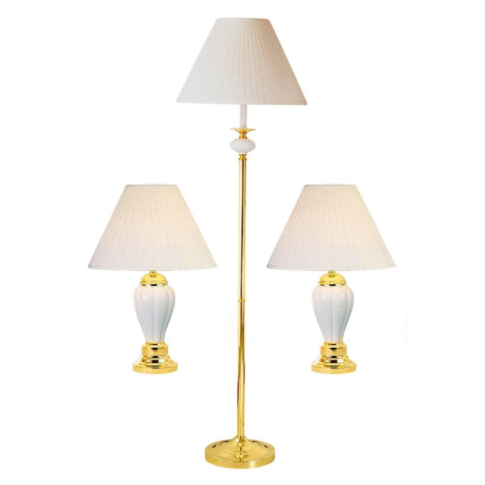 Set Of Three 64" Gold and White Ceramic Bedside Floor and Table Lamp Set With Off White Empire Shade