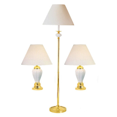 Set Of Three 64" Gold and White Ceramic Bedside Floor and Table Lamp Set With Off White Empire Shade 