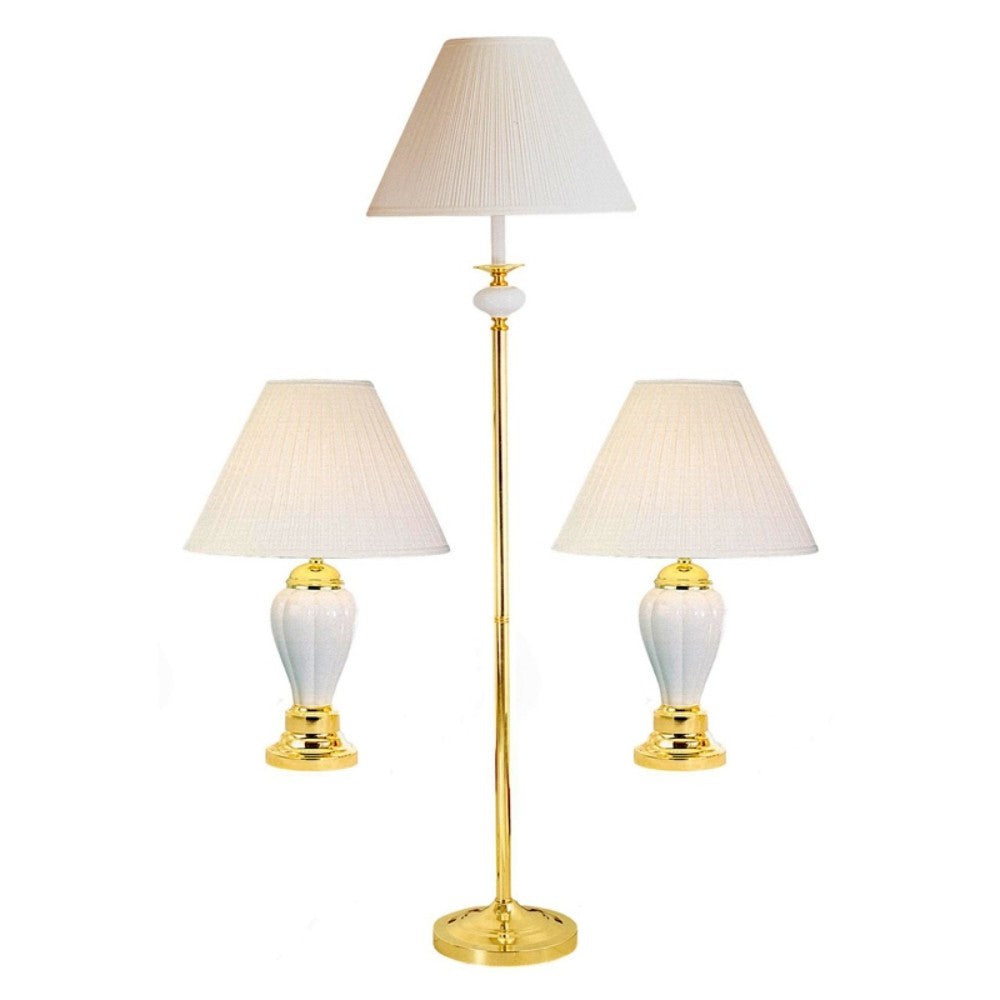 Set Of Three 64" Gold and White Ceramic Bedside Floor and Table Lamp Set With Off White Empire Shade