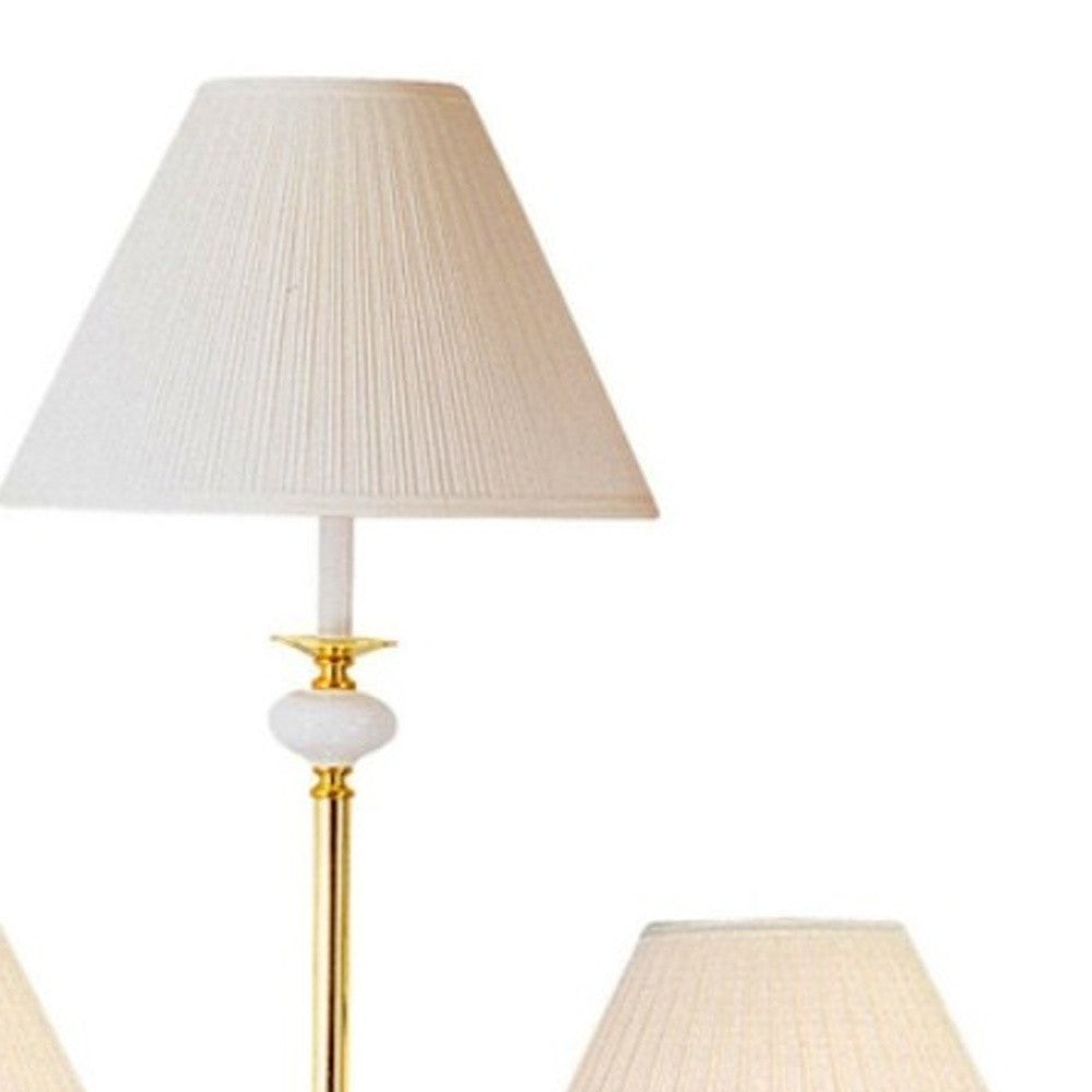 Set Of Three 64" Gold and White Ceramic Bedside Floor and Table Lamp Set With Off White Empire Shade