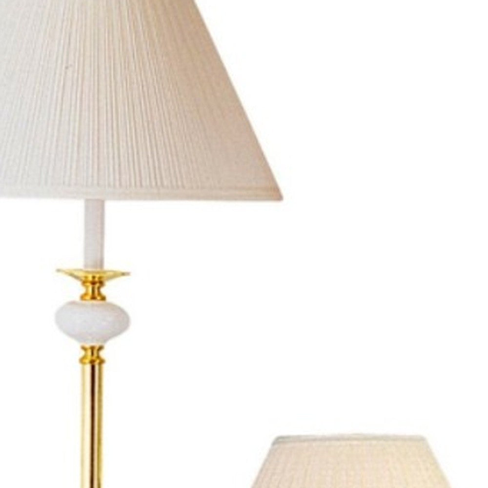 Set Of Three 64" Gold and White Ceramic Bedside Floor and Table Lamp Set With Off White Empire Shade