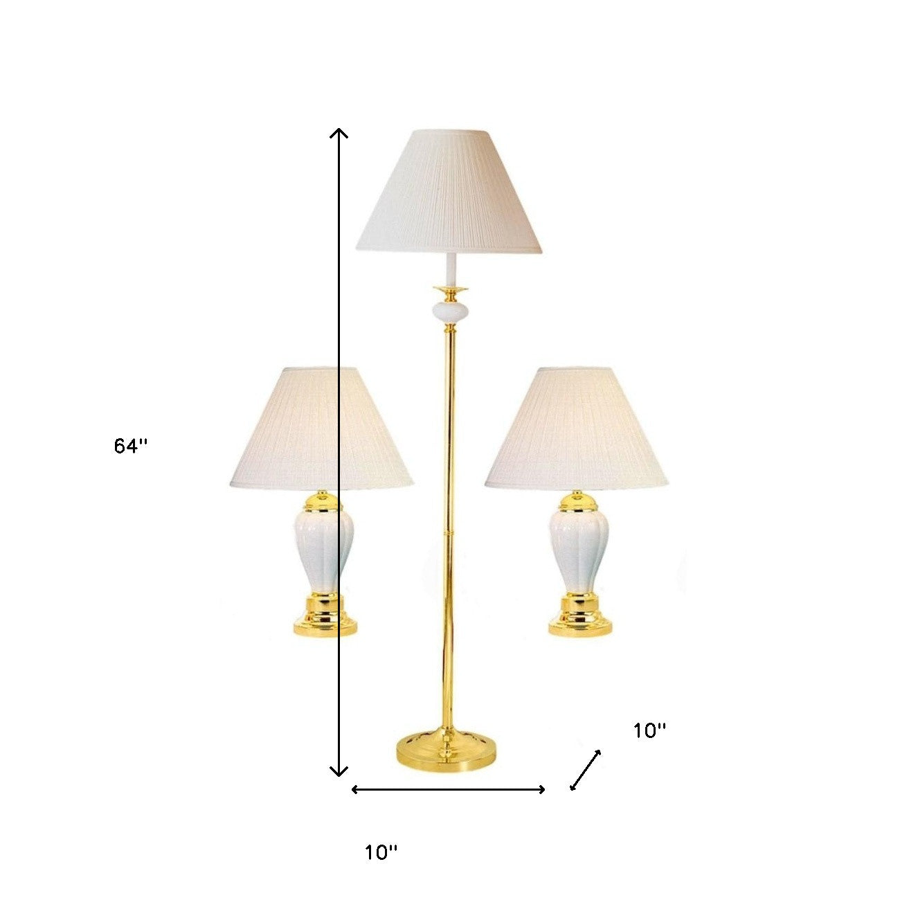 Set Of Three 64" Gold and White Ceramic Bedside Floor and Table Lamp Set With Off White Empire Shade