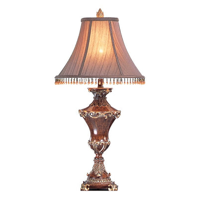 32" Bronze Urn Table Lamp With Brown Bell Shade and Hanging Beads 