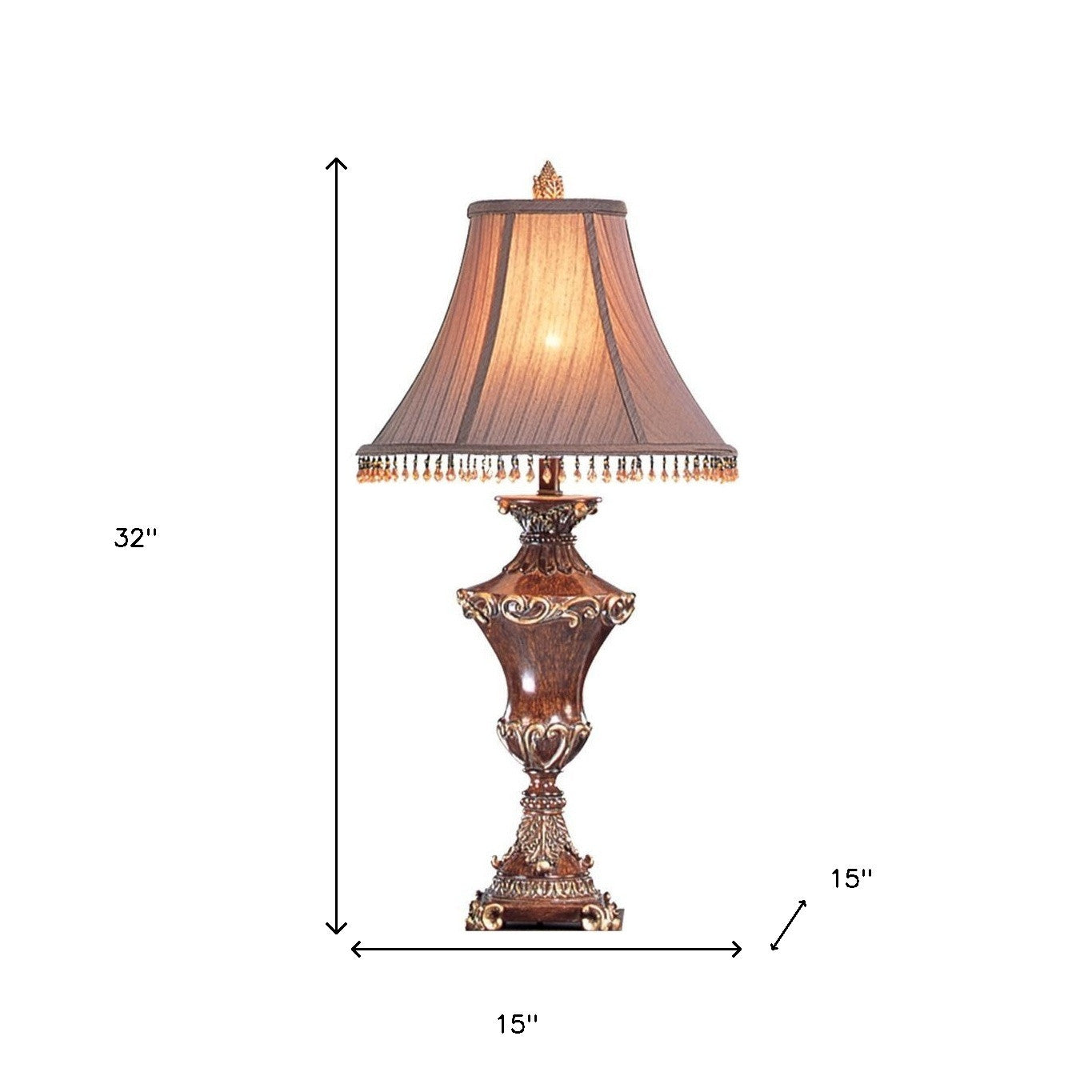 32" Bronze Urn Table Lamp With Brown Bell Shade and Hanging Beads