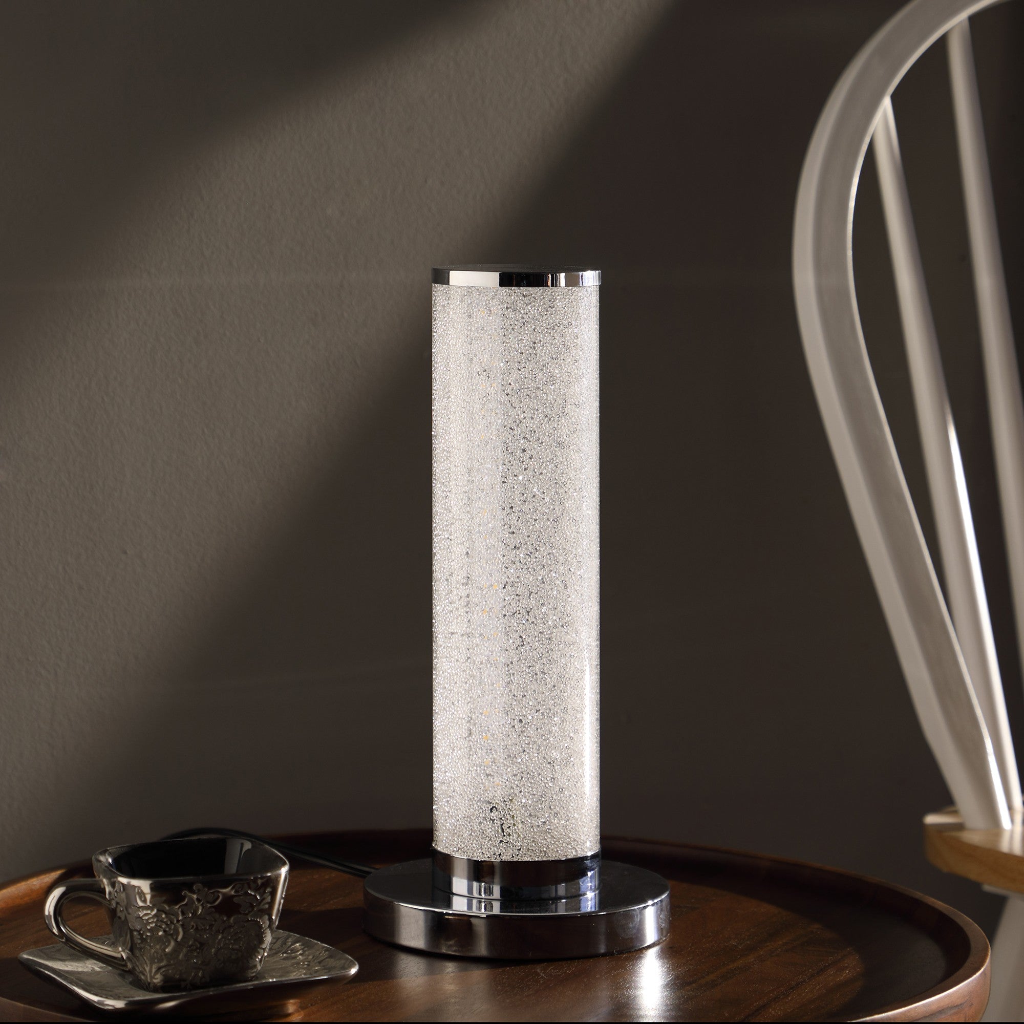 13” Modern White Sand Crystal And Steel Table Lamp