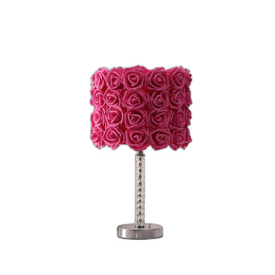 18" Silver Bedside Led Table Lamp With Red Flowers Drum Shade 