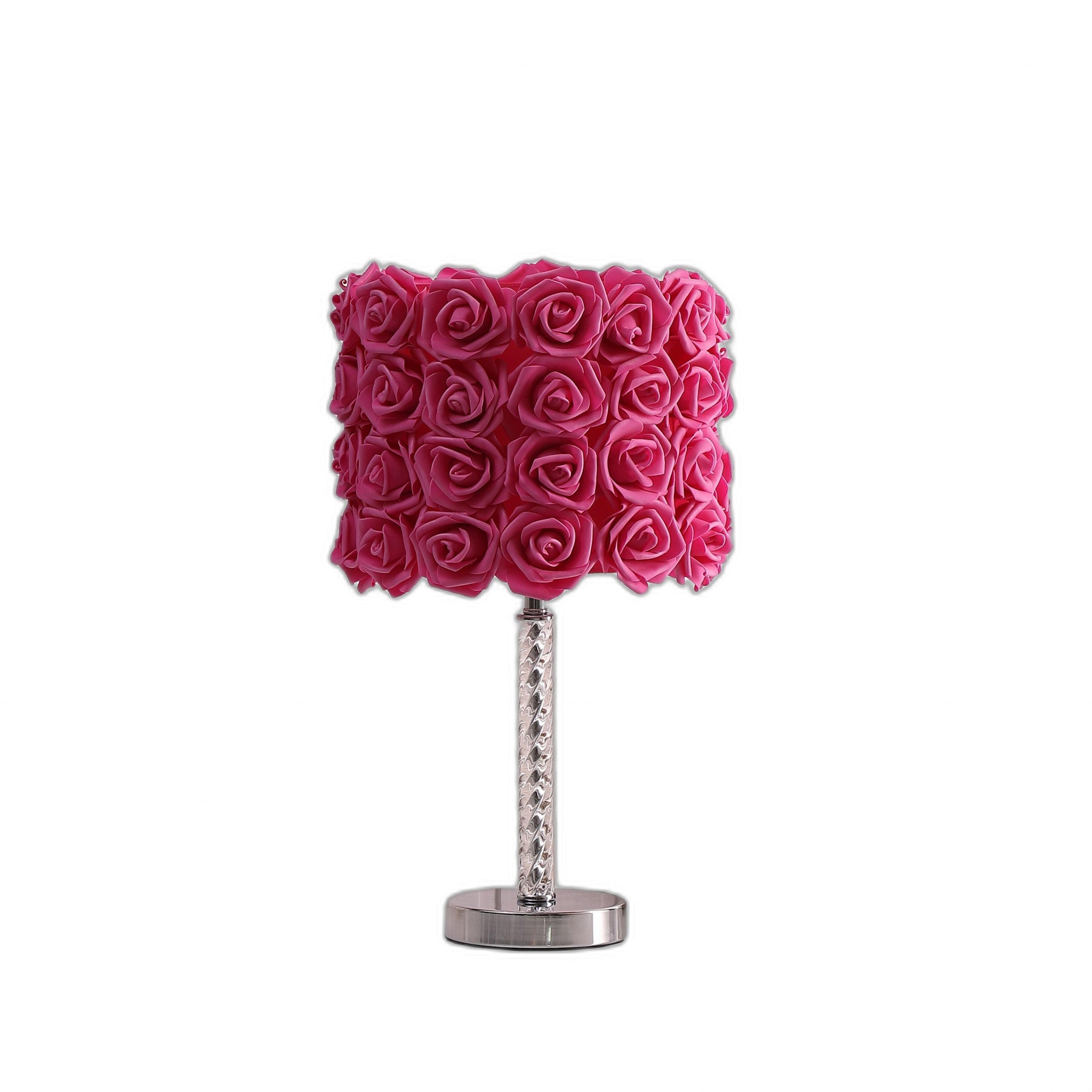 18" Silver Bedside Led Table Lamp With Red Flowers Drum Shade