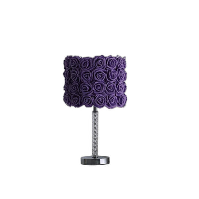 18" Silver Bedside Table Lamp With Purple Flowers Drum Shade 