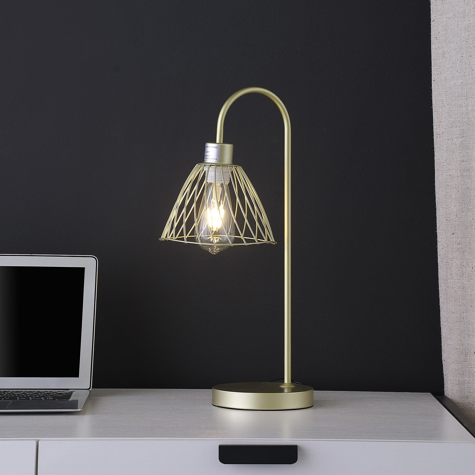 21" Gold Bedside Table Lamp With Gold Cage Shade 