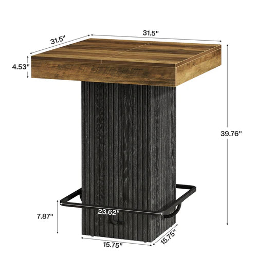 31.5" Square Bar Table Industrial Counter Height Dining Table with Metal Footrest Heavy Duty Pedestal Base Rustic Brown