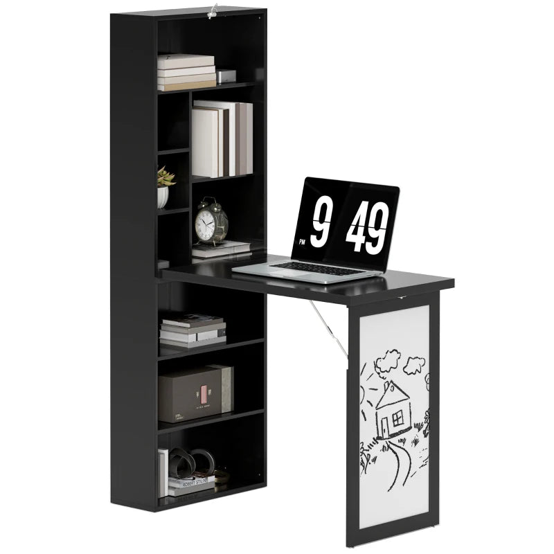 Wall Mounted Fold-Out Convertible Office Desk with Storage Shelves & Blackboard – Black