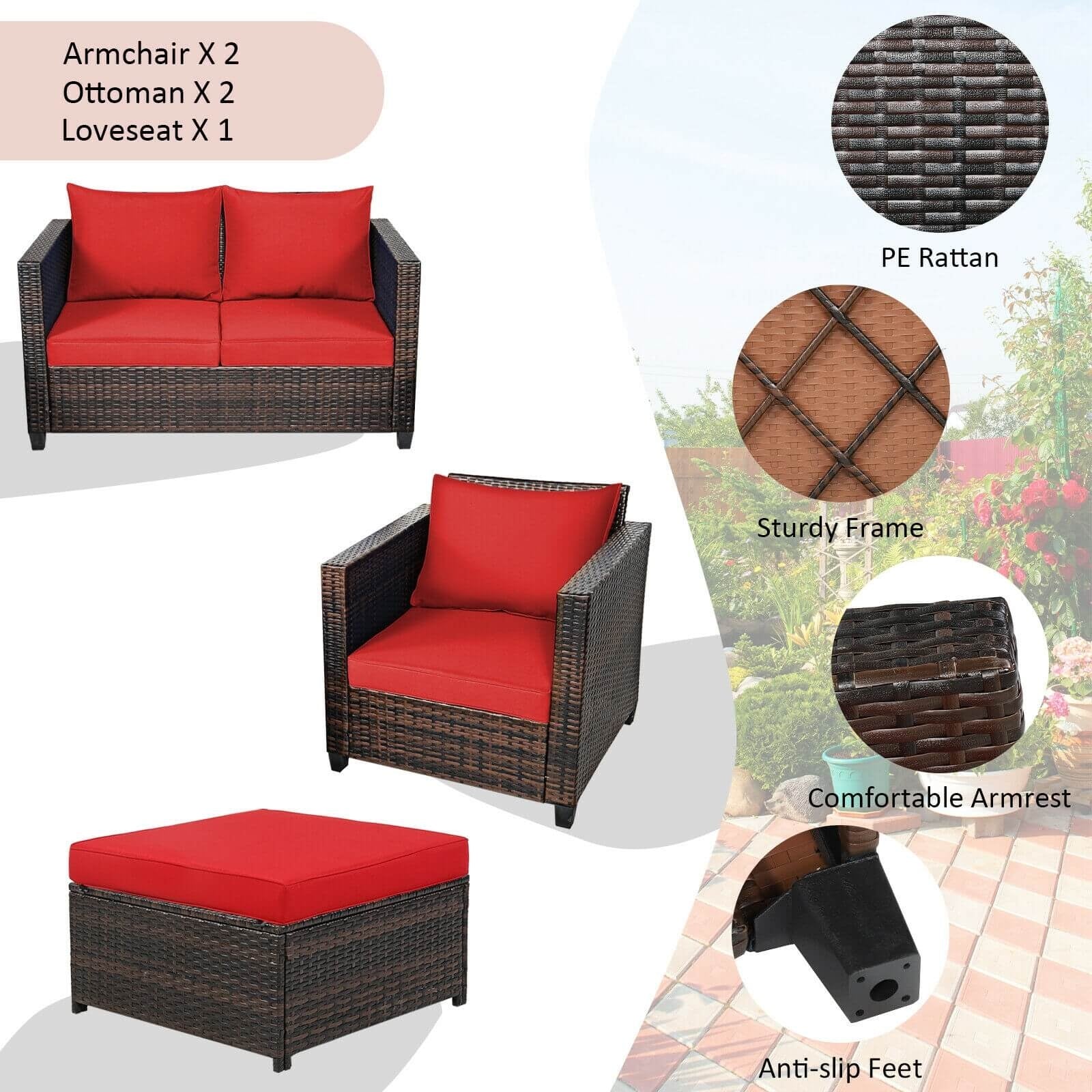 5 Pieces Patio Cushioned Rattan Furniture Set-Red