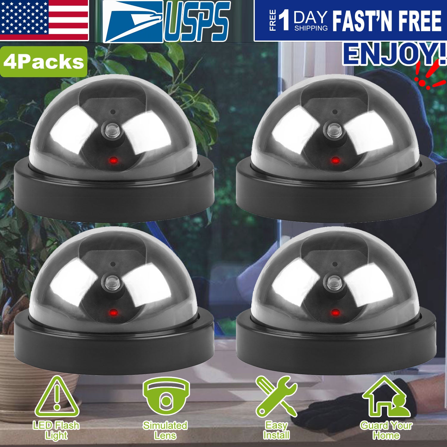 4Packs Fake Security Camera Dome Dummy Camera w/ Realistic Looking Flash LED Lights Simulated Surveillance Security for Home Shop Factory