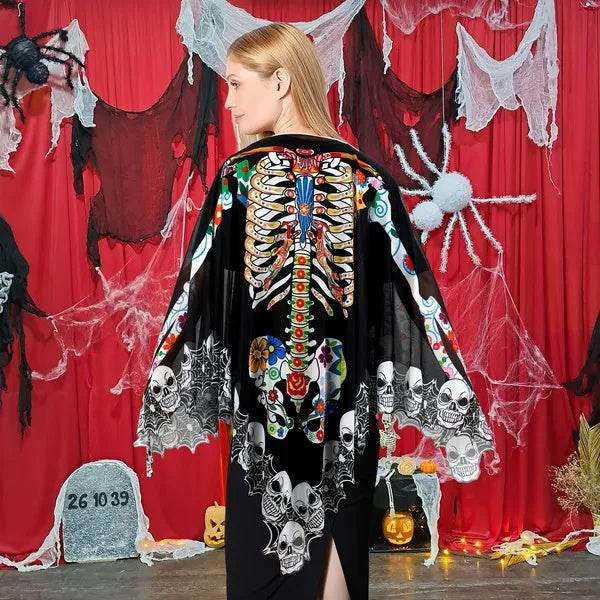 Halloween Skeleton Poncho, Lace Skeleton Halloween Costume Poncho Day Of The Dead Poncho For Women 
