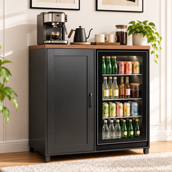 Coffee Bar Cabinet with Mini Fridge Space, Adjustable Shelves & Storage – 39.4-Inch Beverage Station