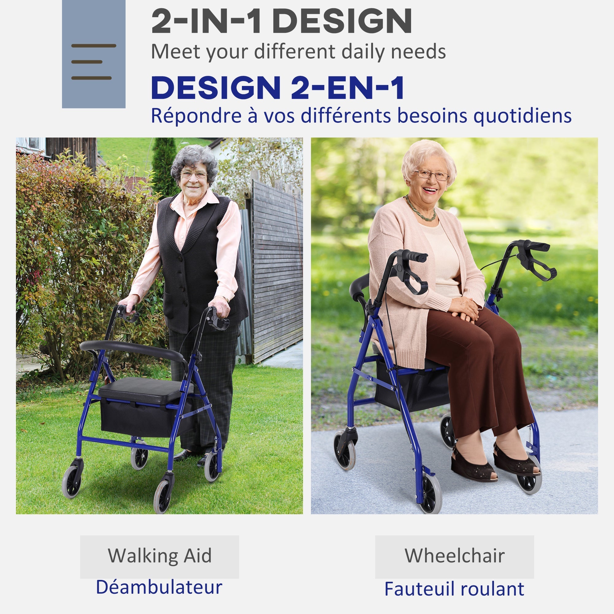 HOMCOM Adjustable Aluminum Rollator Walker: Foldable Drive Medical Wheelchair with Bag 
