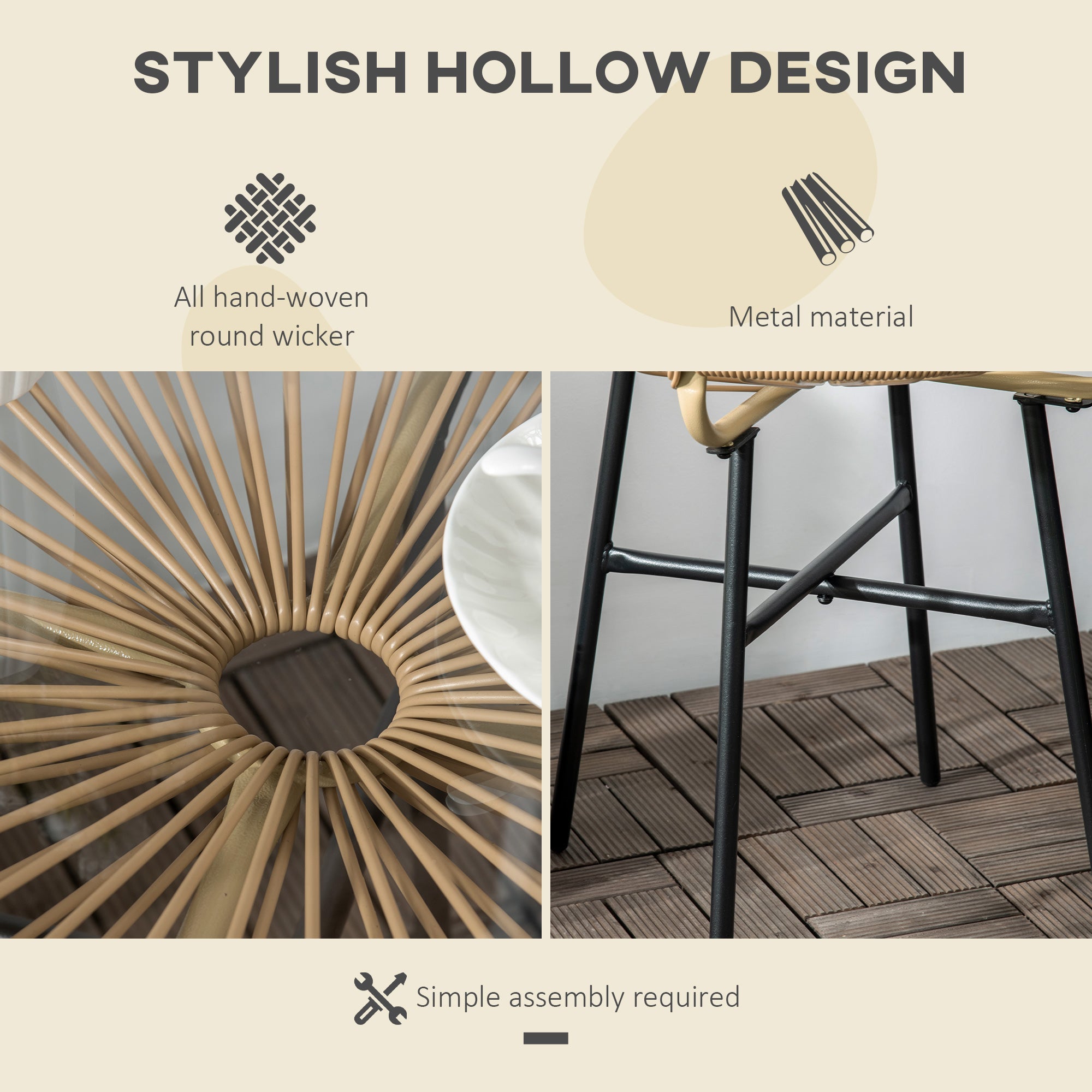 Outsunny Rattan Side Table Round Outdoor with PE Rattan Tempered Glass Top Patio Garden Beige 