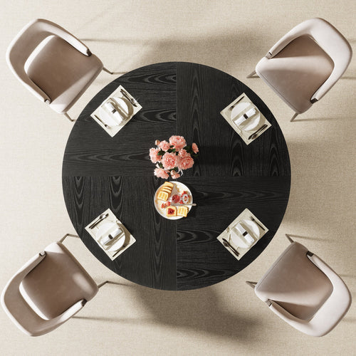 47" Round Dining Table, Wood Kitchen Table with Sturdy Fluted Metal Base, Modern Black Dining Table for 6 People