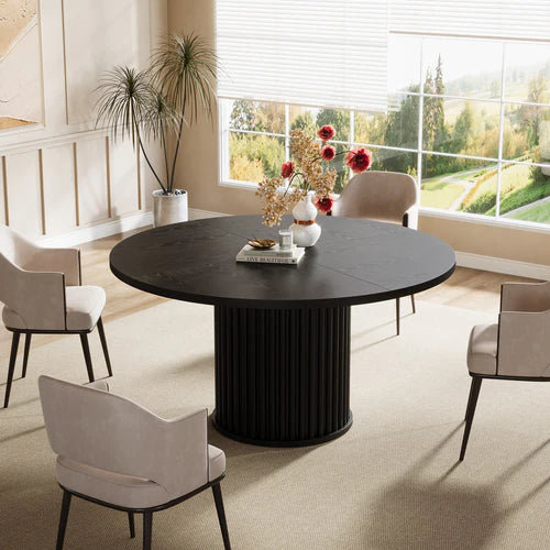 47" Round Dining Table, Wood Kitchen Table with Sturdy Fluted Metal Base, Modern Black Dining Table for 6 People