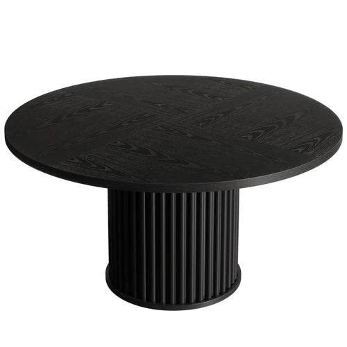47" Round Dining Table, Wood Kitchen Table with Sturdy Fluted Metal Base, Modern Black Dining Table for 6 People