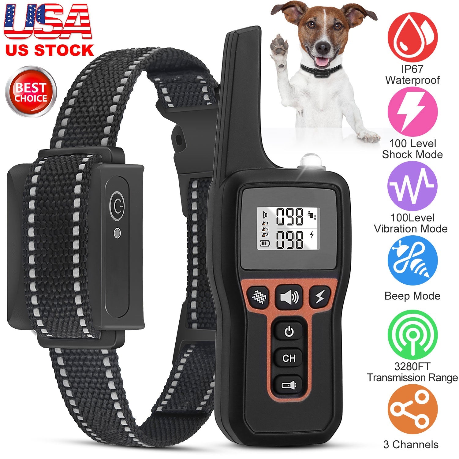 3280FT Dog Training Collar IP67 Waterproof Pet Beep Vibration Electric Shock Collar 3 Channels Rechargeable Transmitter Receiver Trainer with Flashlig