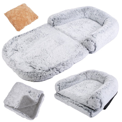 Large Foldable Human Size Dog Bed With Pillow Blanket Flurry Plush Napping Human-Sized Dog Bed Machine Washable Zipped Removable Cover For Pets Kids A 