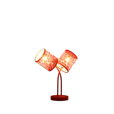 17" Red Metal Two Light Table Lamp With Red Abstract Drum Shade 