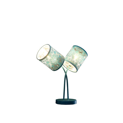 17" Blue Metal Two Light Bedside Table Lamp With Blue Abstract Drum Shade 
