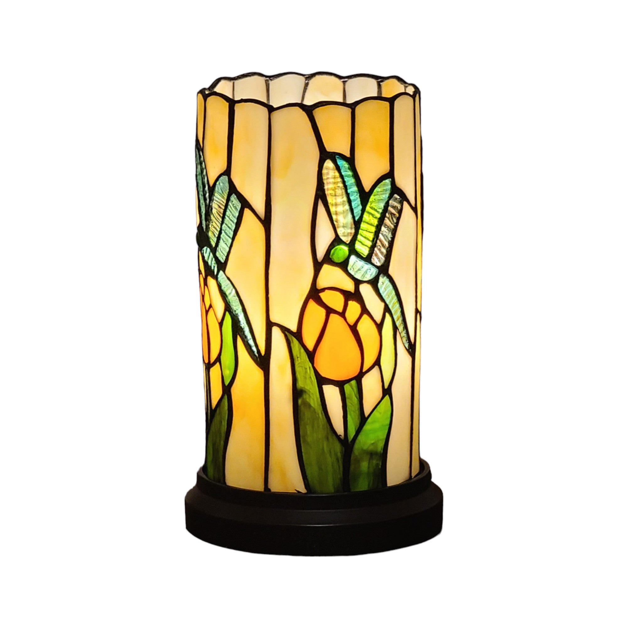 11" Beige and Green Dragonfly Stained Glass Accent Lamp