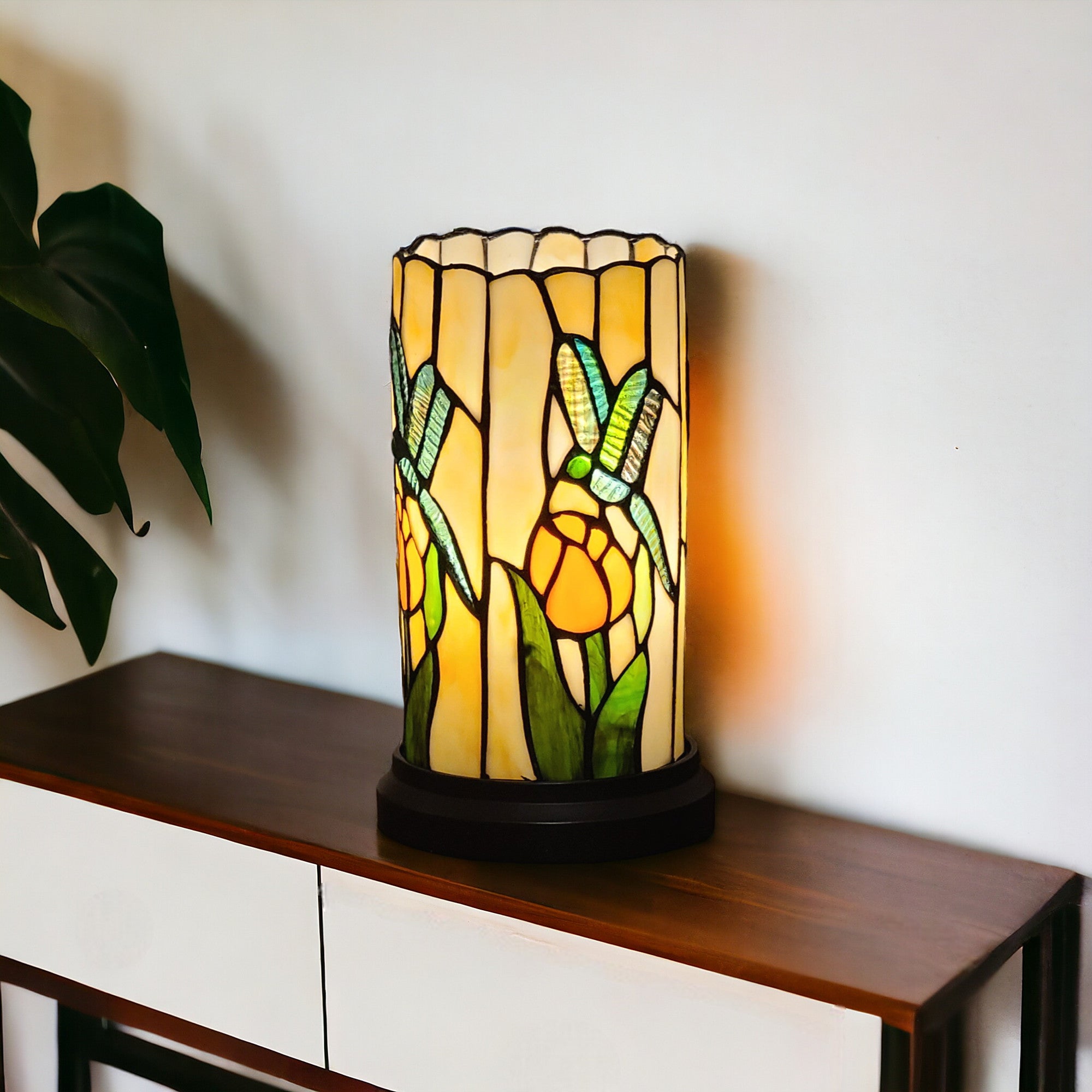 11" Beige and Green Dragonfly Stained Glass Accent Lamp