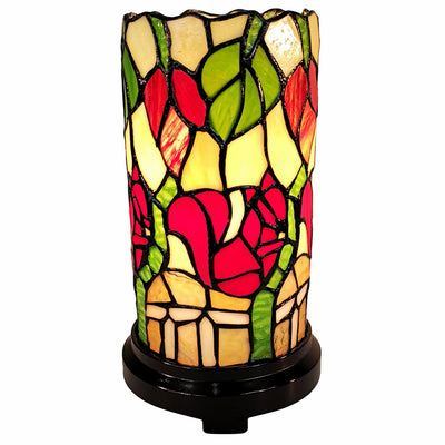 14" Red Green and Black Floral Stained Glass Accent Lamp 