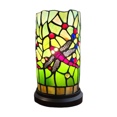 11" Green and Pink Dragonfly Stained Glass Accent Lamp 