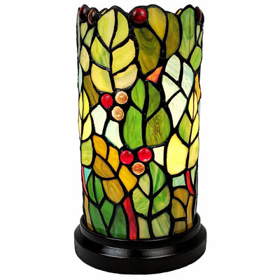 11" Green and Red Leaves and Berries Stained Glass Accent Lamp 