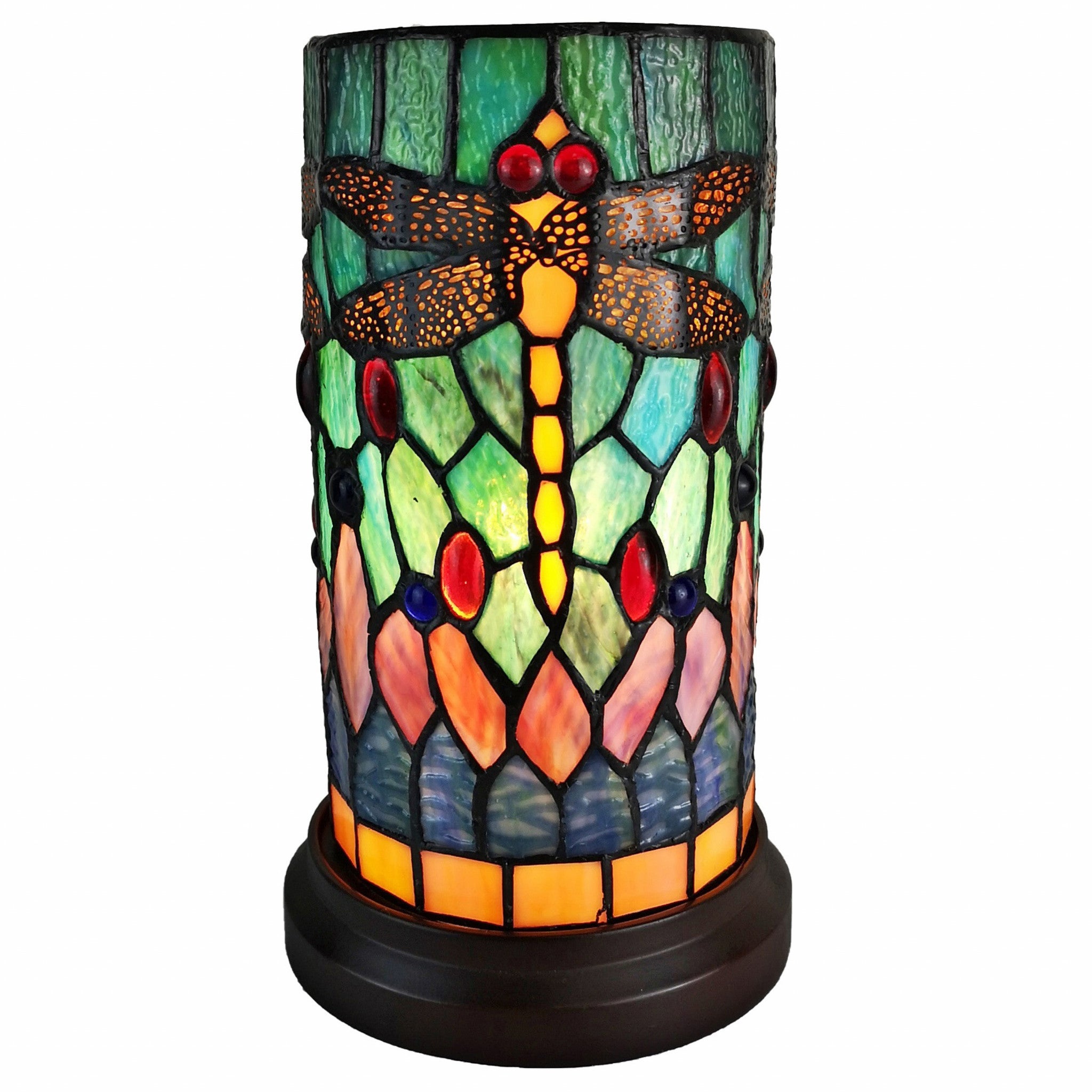 11" Green Brown and Orange Dragonfly Stained Glass Accent Lamp