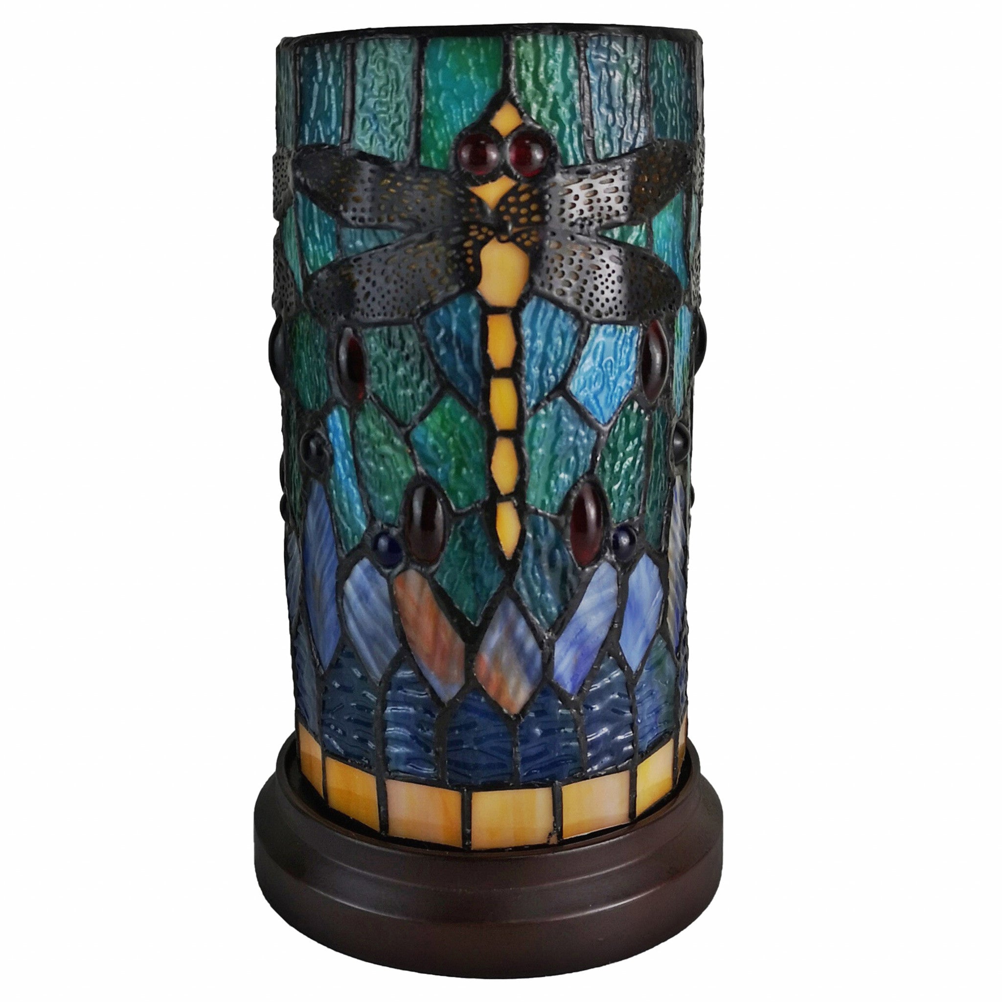 11" Green Brown and Orange Dragonfly Stained Glass Accent Lamp