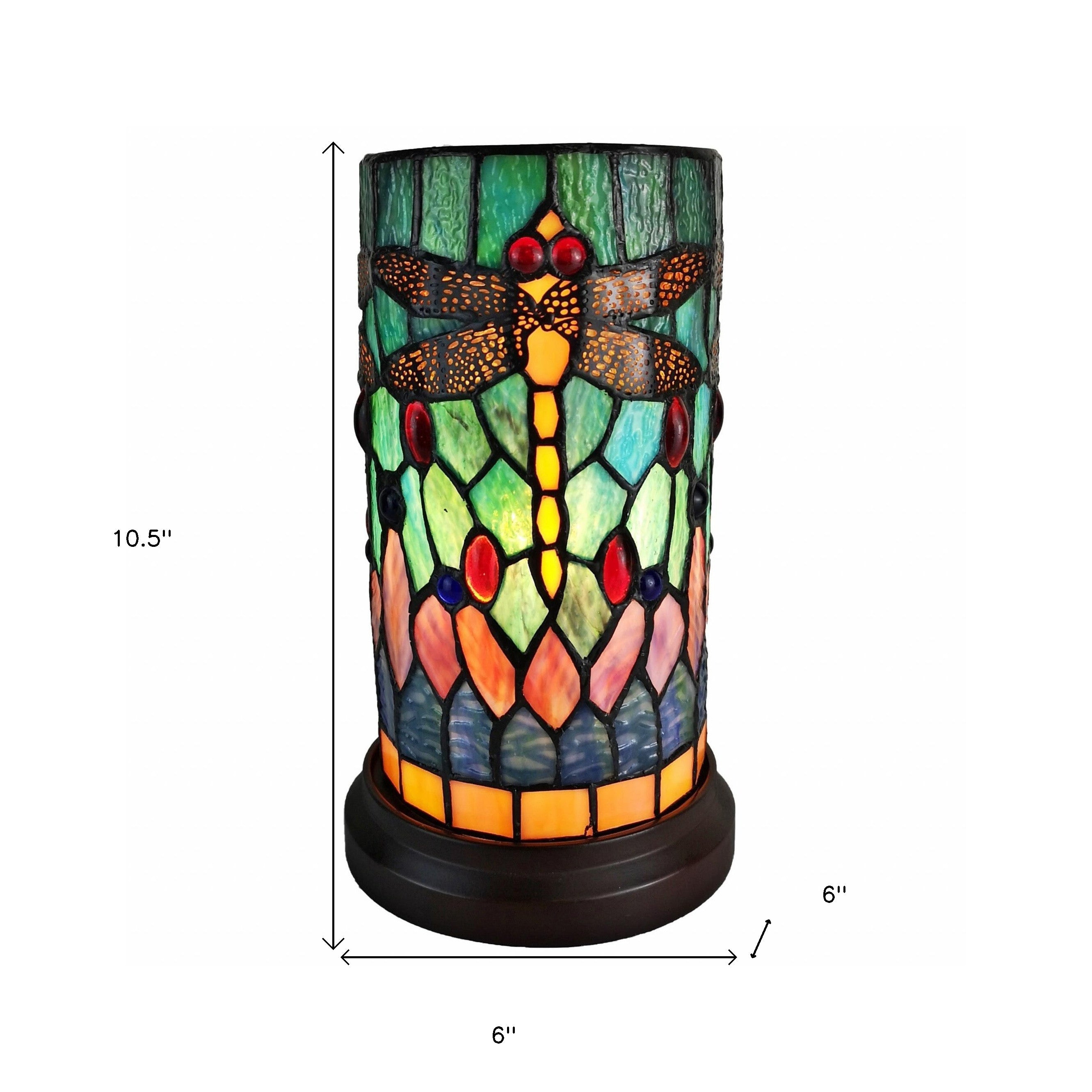 11" Green Brown and Orange Dragonfly Stained Glass Accent Lamp