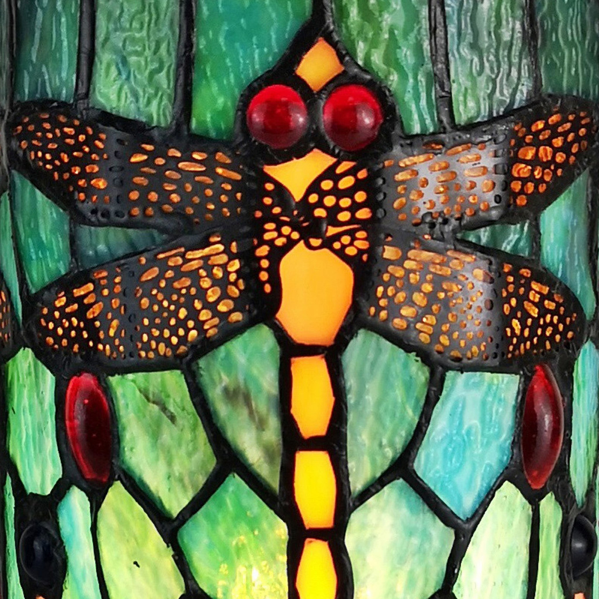 11" Green Brown and Orange Dragonfly Stained Glass Accent Lamp