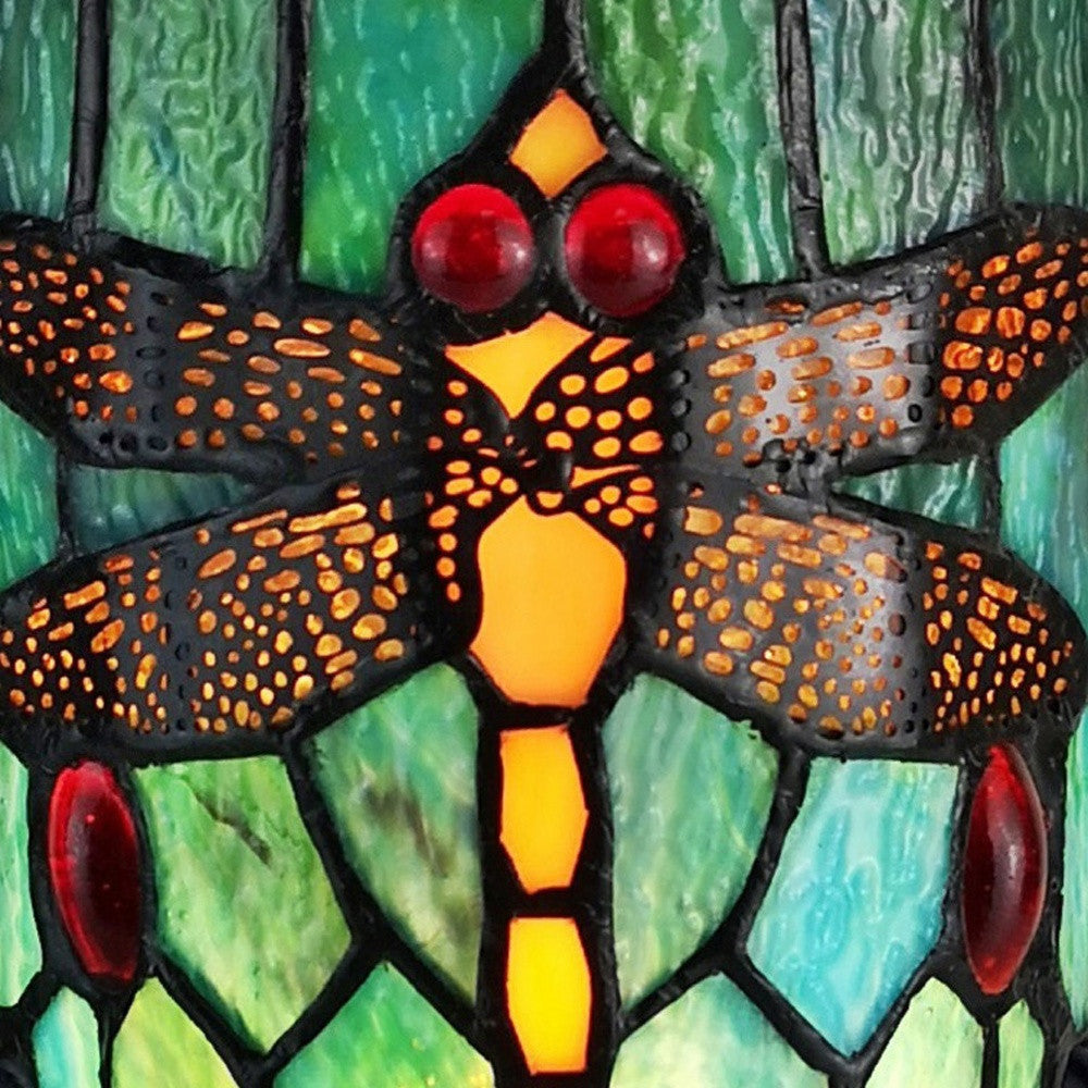 11" Green Brown and Orange Dragonfly Stained Glass Accent Lamp