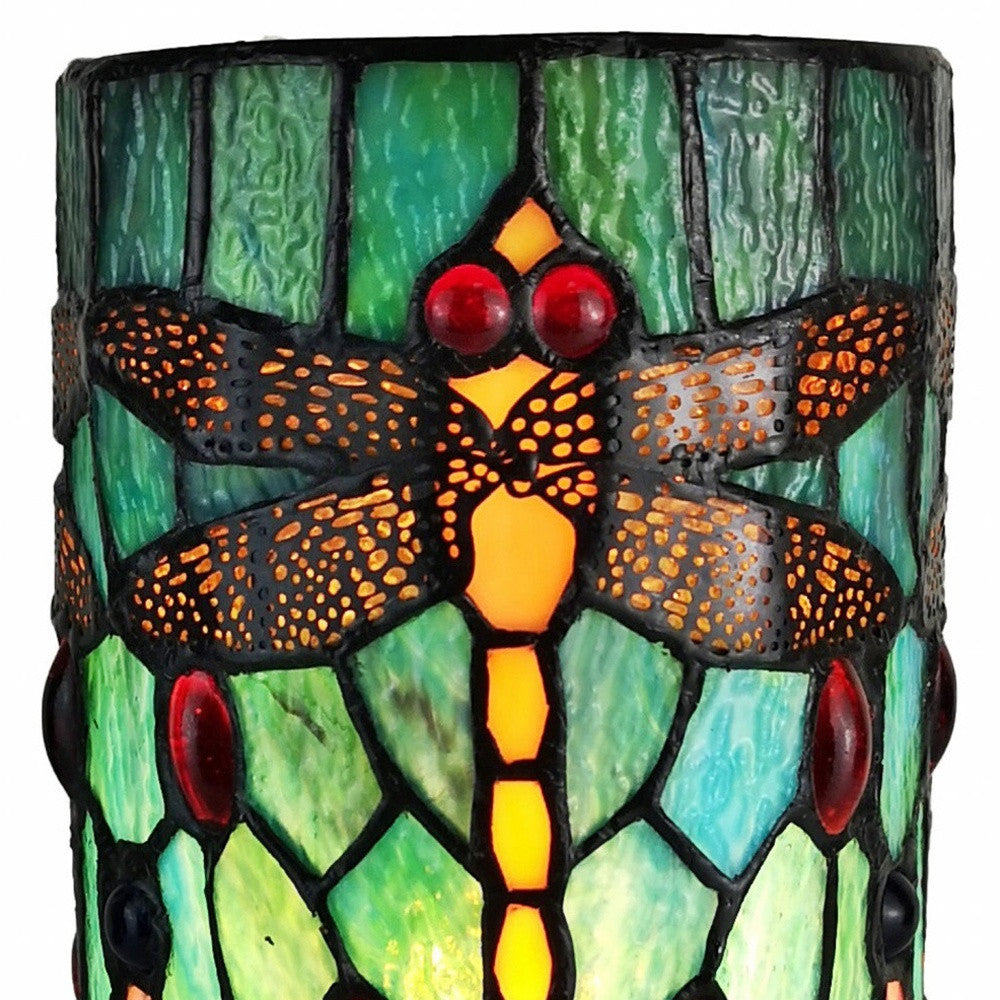 11" Green Brown and Orange Dragonfly Stained Glass Accent Lamp