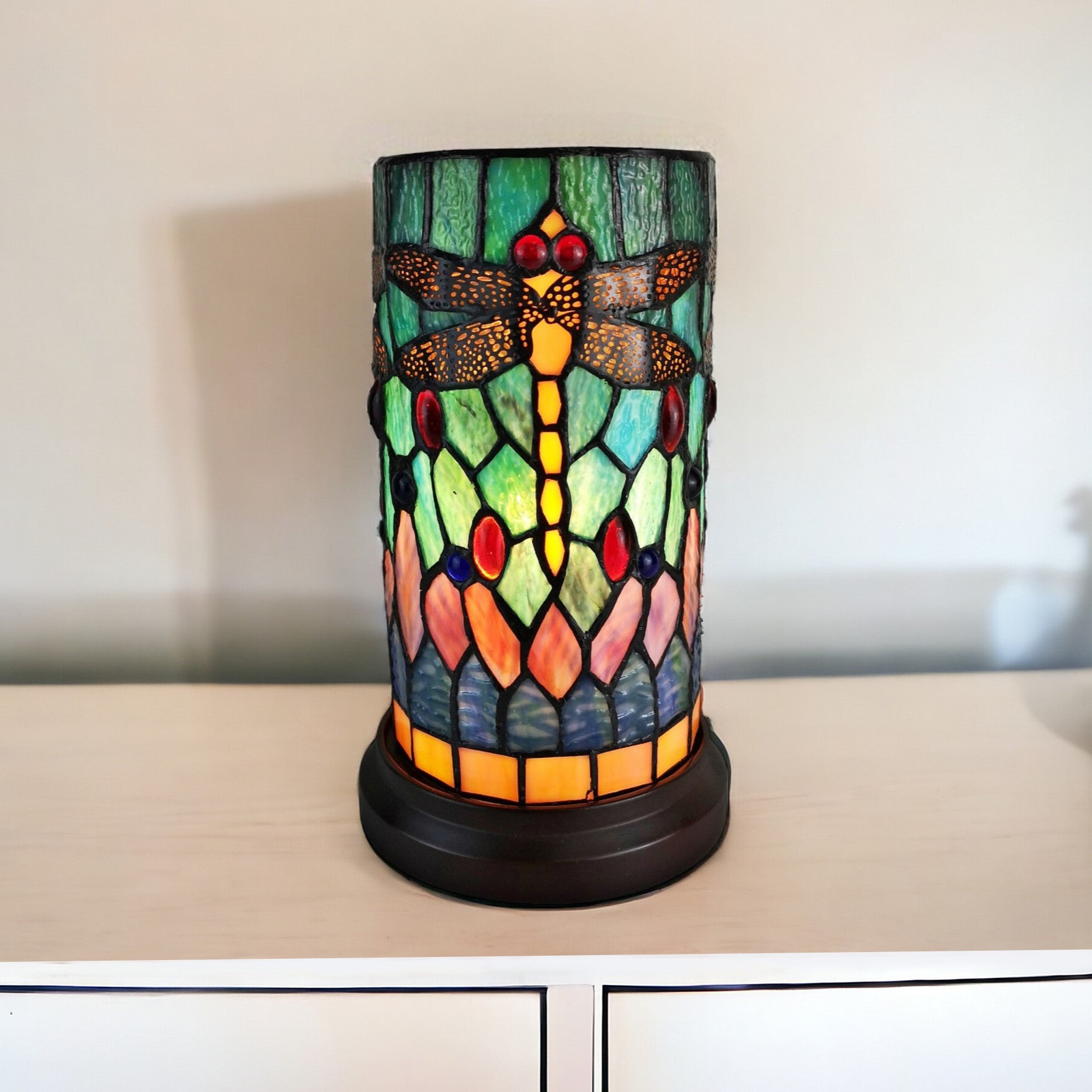 11" Green Brown and Orange Dragonfly Stained Glass Accent Lamp