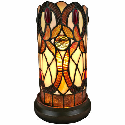 11" Ivory and Brown Geometric Floral Stained Glass Accent Lamp 