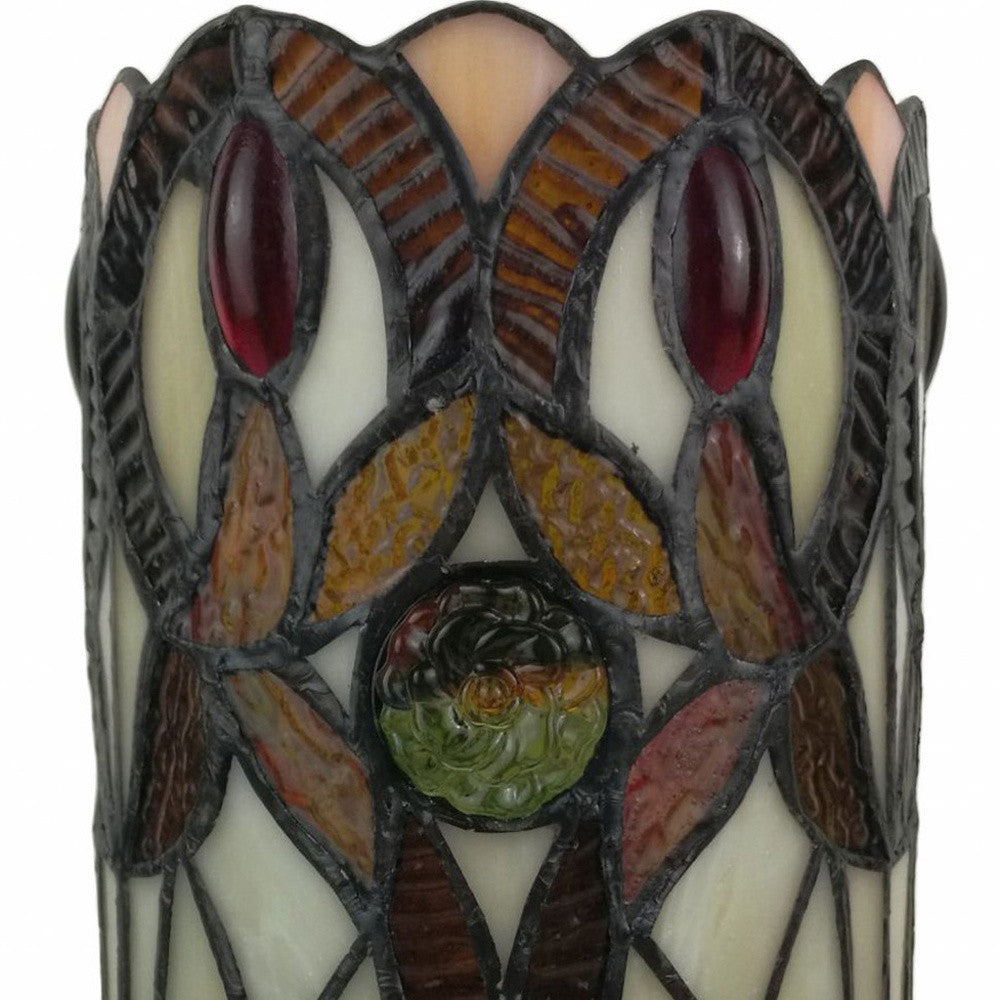 11" Ivory and Brown Geometric Floral Stained Glass Accent Lamp