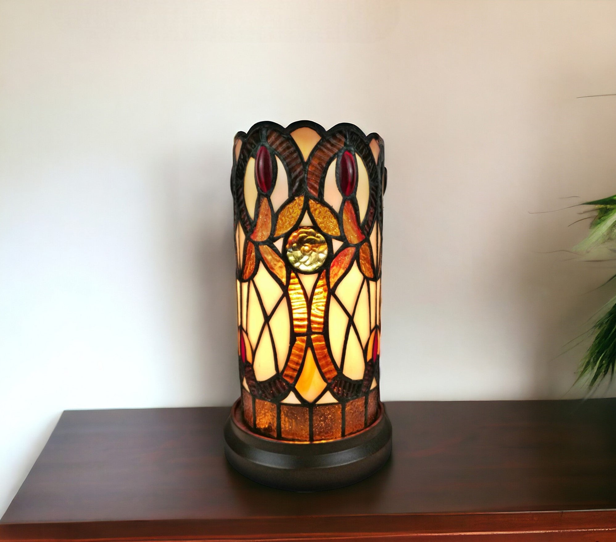 11" Ivory and Brown Geometric Floral Stained Glass Accent Lamp